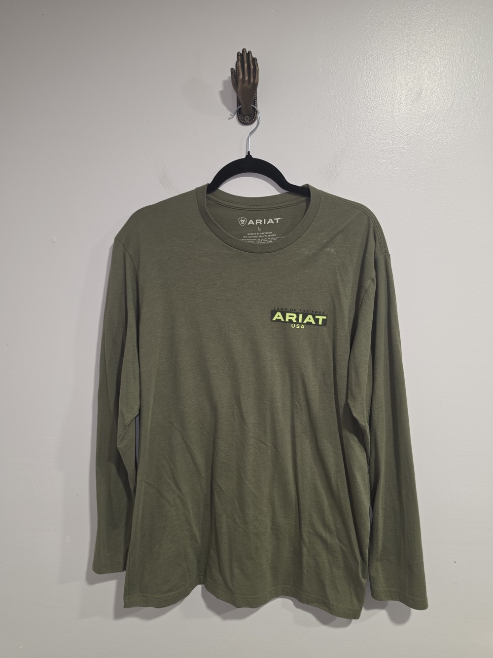 Ariat Olive Green Long Sleeve Cotton Blend Crew Tee with Back Logo Size Large